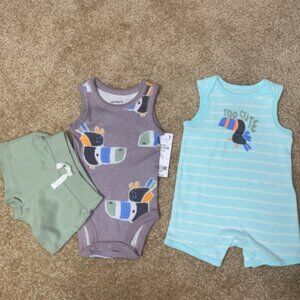 Carters 3 piece outfit set romper onesie shorts toucan bird too cute NB or 3 mon